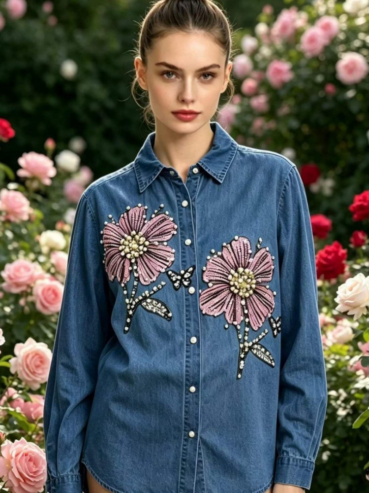 Embroidery Blouse - Blusas de Mezclilla Bordadas para Mujer,