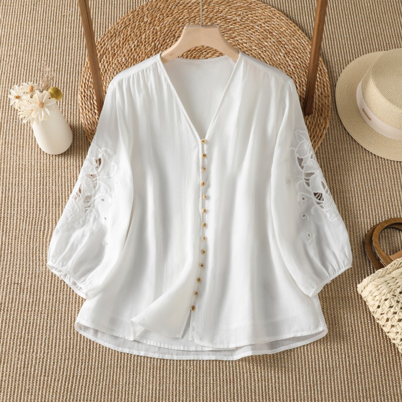 Embroidery Cardigan - Camiseta Blanca de Diseño Casual de